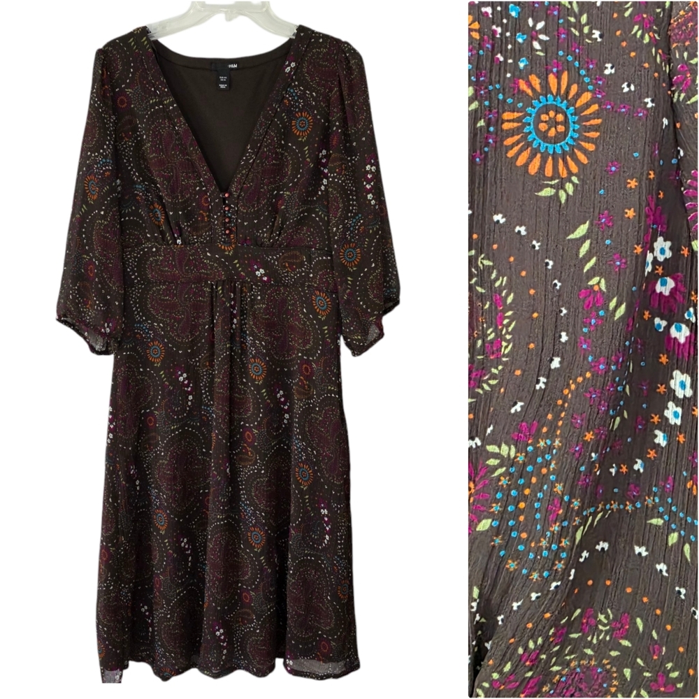H&M Brown Paisley Print 70'S Style Midi Drrss Size 14‎